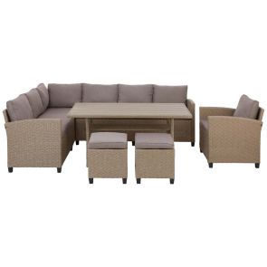 БЕЖОВ ЪГЛОВ ГРАДИНСКИ СЕТ ПОРТО ОТ ИЗКУСТВЕН РАТАН С МАСА, ЪГЛОВ ДИВАН, 1 ФОТЬОЙЛ И 2 ТАБУРЕТКИ С ВЪЗГЛАВНИЦИ