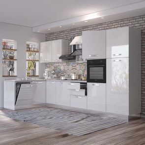 ЪГЛОВА БЛОК КУХНЯ ВАНИА БЯЛ ГЛАНЦ 187х350/60/216 СМ С ВКЛЮЧЕН ПЛОТ,ВОДОБРАН,МИВКА И 5BR ЕЛЕКТРОУРЕДИ