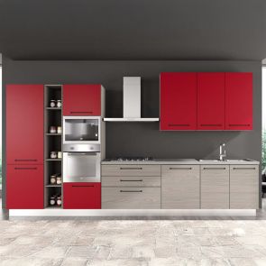 ЧЕРВЕНА БЛОК КУХНЯ ЛЕЙН 390/60/240 СМ С ВКЛЮЧЕНИ 6БР ЕЛ. УРЕДИ