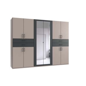 СВЕТЛО СИВ  ШЕСТКРИЛ ГАРДЕРОБ ТАЙГА С 2 ОГЛЕДАЛА И 4 ЧЕКМЕДЖЕТА 270/58/208 CM