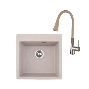 БЕЖОВ КОМПЛЕКТ ГРАНИТНА МИВКА И МЕСИНГОВ СМЕСИТЕЛ