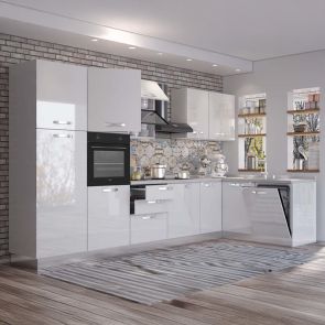 ЪГЛОВА БЛОК КУХНЯ ВАНИА БЯЛ ГЛАНЦ 350х187/60/216 СМ С ВКЛЮЧЕН ПЛОТ,ВОДОБРАН,МИВКА И 5BR ЕЛЕКТРОУРЕДИ