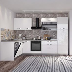 ЪГЛОВА БЛОК КУХНЯ ВАНИА БЯЛ ГЛАНЦ 187х350/60/216 СМ С ВКЛЮЧЕН ПЛОТ,ВОДОБРАН,МИВКА И 5БР ЕЛЕКТРОУРЕДИ