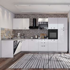 ЪГЛОВА БЛОК КУХНЯ ВАНИА БЯЛ ГЛАНЦ 187/350/60/216 СМ С ВКЛЮЧЕН ПЛОТ,ВОДОБРАН,МИВКА И 5БР ЕЛЕКТРОУРЕДИ