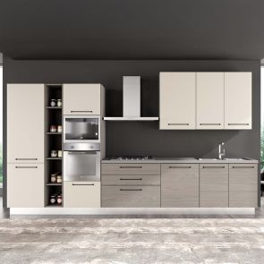 БЛОК КУХНЯ ЛЕЙН 390/60/240 СМ С ВКЛЮЧЕНИ 6БР ЕЛ.УРЕДИ В СИВ ДЪБ И АНГОРСКО СИВО