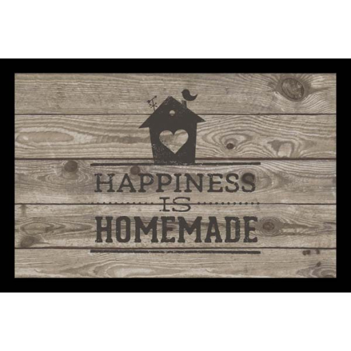 Изтривалка с дизайн, имитиращ дървен под. С надпис "HAPPINESS IS HOMEMADE". С черни краища.