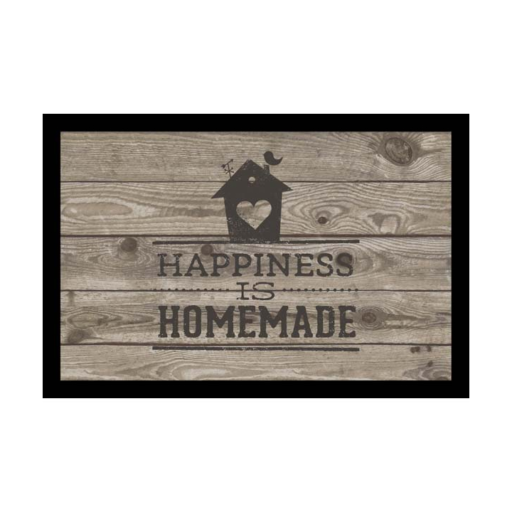 Изтривалка с дизайн, имитиращ дървен под. С надпис "HAPPINESS IS HOMEMADE". С черни краища.